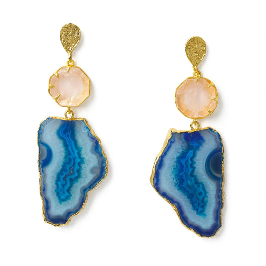 Rose Quartz Gemstone Statement Earrings - Blue By YAA YAA LONDON